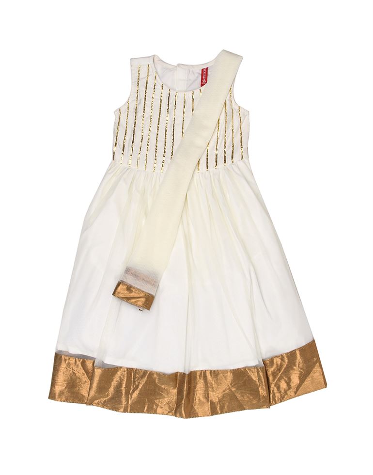 Ethnicity Girls Ethnic Wear White Fit and Flare Dress with Dupatta